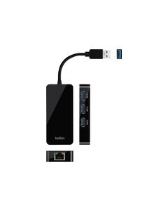 Belkin - 3-Port USB 3.0 Hub with Gigabit Ethernet Adapter - Black